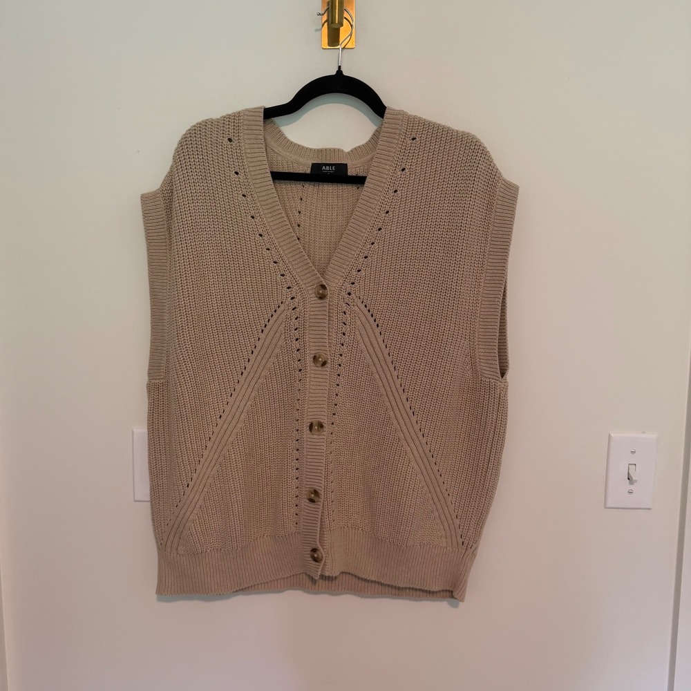 ABLE Tan Beige Pointelle Knit V-Neck Button Front Sweater Vest Womens Medium